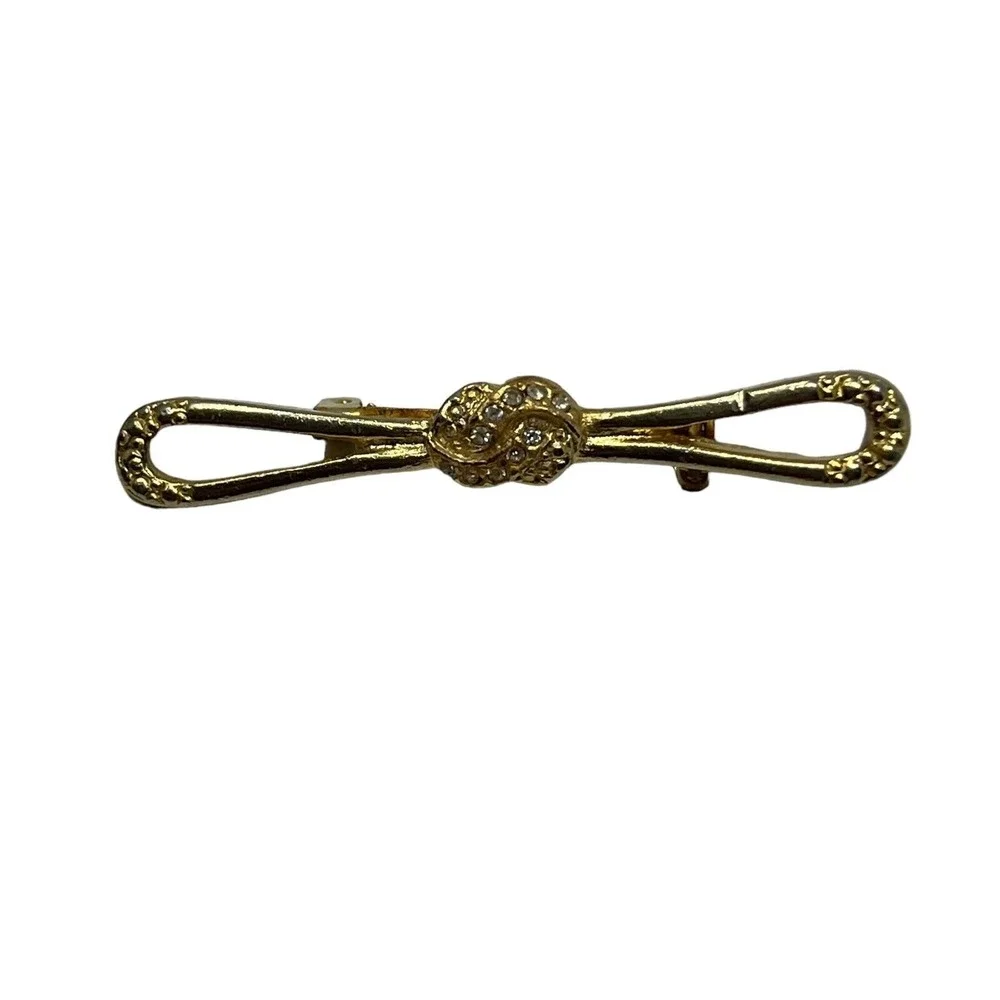 Vintage Bar Brooch Clear Rhinestone and Gold‎ Tone Bow Pin